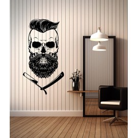 Vinyl Wall Decal Barbershop Barber Shop Skull Straight Razor Hair Salon Stickers Mural (ig6319) Black