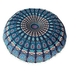 32" Mandala Large Floor Pillow Cover Meditation Cushion Seating Throw Hippie Round Colourful Decorative Bohemian Accent Boho Chic dog bed Indian Pouf Ottoman Handmade COVER ONLY (Peacock-Blue)