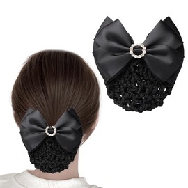 Black Round Rhinestone Satin Bow Snood Net Barrette Elastic Hair Clip Bun Cover Ribbon Barrette with Hairnet Bowknot Decor French Hair Clip for Ballet Dancer Nurse Air Hostess