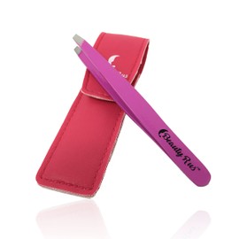 Professional Slanted Tweezers- Precision Pink Slant Stainless Steel Tweezers, Sharp Point Aligned Best Tweezer for Eyebrow Shaping Hair - Women Will Love - Includes Perfect Matching Carrying Case