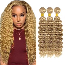 KODRHAR 12A Color #27 Deep Honey Real Hair Golden Wave Hair Bundle 16 18 20 Inch Golden Double Curtain Patch Deep Wave Bundles