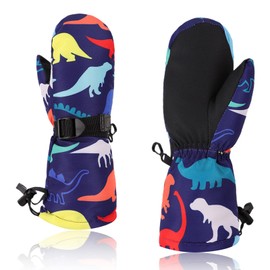 Warm Kids Ski Gloves Toddler Girls Boys Snow Gloves Waterproof Children Winter Mittens (Colored Dinosaur, L)