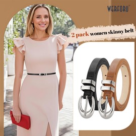 WERFORU 2 Pack Women's Skinny Belt Women's Thin Leather Belt with Gold/Silver Buckles for Jeans Dresses, Black and brown (silver buckle)