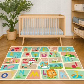 Hazo Haus 3x5 Kids ABC Rug for Playroom - Alphabet Rug for Preschool Kindergarten Babies, Toddlers, Soft Educational Play Mat for Nursery, Crawling, Bedroom – Cute Pastel Beige and Blue Letters