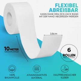 Health Press® Sport Tape - 6 Rolls (3.8 cm x 10 m) | Tearable Professional Sport Tape - White Athletic Tape for Joints, Muscles, and Ligaments | Medical Athletic Tape for All Sports