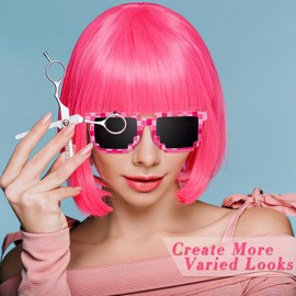 Ladies Short Bob Hair Wig, Costume Cosplay Wigs Daily Party Hairpiece for Women Girls, Bob Colorful Wigs Fancy Dress Accessory for Disco Bachelorette Party Night Club, with Sunglasses, Neon Pink