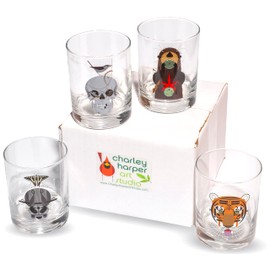 Charley Harper Wild Life I Double Old-Fashioned DOF Set of 4 Assorted Glasses: Cool Carnivore, Otterly Delicious, Raccrobat, and Wrented