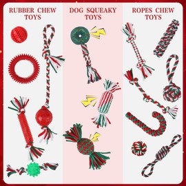 EXPAWLORER 15 Pack Christmas Dog Toys Bulk Set - Dog Toys Christmas Pack, Durable Squeaky Rope Ball Toys, Indestructible Rubber Chew Toys, Interactive Toys for Small Medium Large Aggressive Chewers