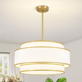 19.7''Drum Chandelier Dining Room Light Fixtures, 3-Tier Modern White Fabric Chandelier Gold Pendant Lights Kitchen Island,6-Light Hanging Light Farmhouse Chandeliers for Foyer Entryway Staircase