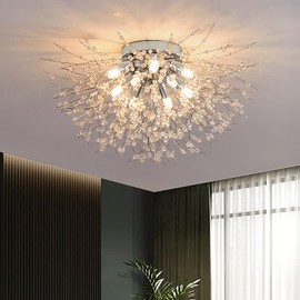 Crystal Flush Mount Ceiling Light, Modern Sputnik Firework Close to Ceiling Lamp, LED Flower Ceiling Light Fixtures for Living Room Bedroom Kitchen Island Entryway Hallway Foyer, With 9 G9 Bulbs