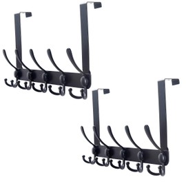 SKOLOO Over The Door Hook - for Doors up to 1-3/4'' Thickness, Pack of 2, Metal Door Hanger with 5 Triple Hooks, Black Over The Door Hanger for Coats, Hats,Towels, Assembly Required
