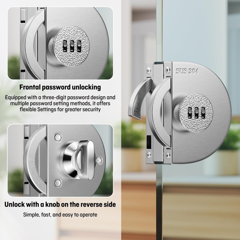 Ranbo Frameless Mechanical Combination Glass Door Lock, No-Drill Installation, Fits