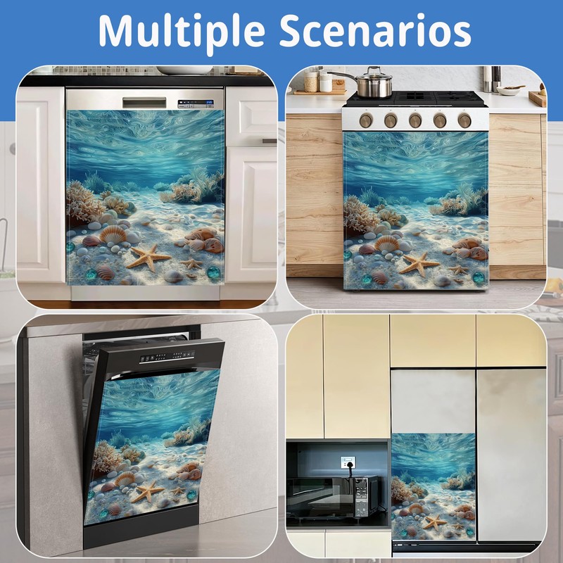 Washable Seashells Starfish Dishwasher Magnetic Cover for Kitchen Decor, Refrigerator