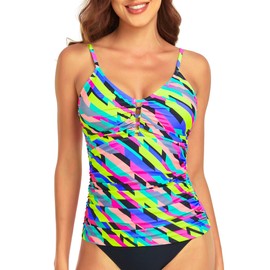 RELLECIGA Women's Neon Striped V Neck Shirred Tankini Top Swimsuits Tummy Control Bathing Suit Size Medium