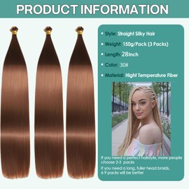 Locescsoc 28 Inch Bone Straight Braiding Hair 150g 3 Packs Straight Hair Extensions, Ariel Straight Ponytail Hair Bundles, Ombre Soft Synthetic Hair for Women (30#, 28 Inch 3 Packs)