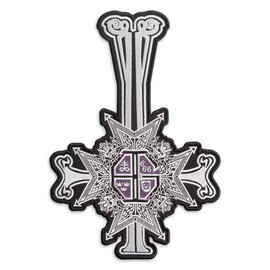 Ghost Band Grucifix Cross Embroidered Patch - Rock Iron-on Patches - Heavy Metal Embroidery Emblem – Iron On and Sew On Applique Patch for Bikers - 4.9" x 7.1", Silver/Purple