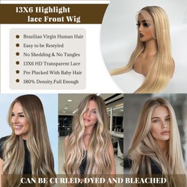 Belaved Highlight Lace Front Wigs Human Hair 13x6 Straight HD Transparent Lace Front Wig Ombre Ash Brown to Blonde Glueless Lace Frontal Wig for Women 180% Density Pre Plucked with Baby Hair 16 Inch