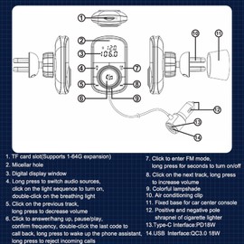 FM Transmitter, Bluetooth FM Transmitter Wireless Radio Adapter Car Kit with Lossless Sound Quality Colorful Ambient Light Player