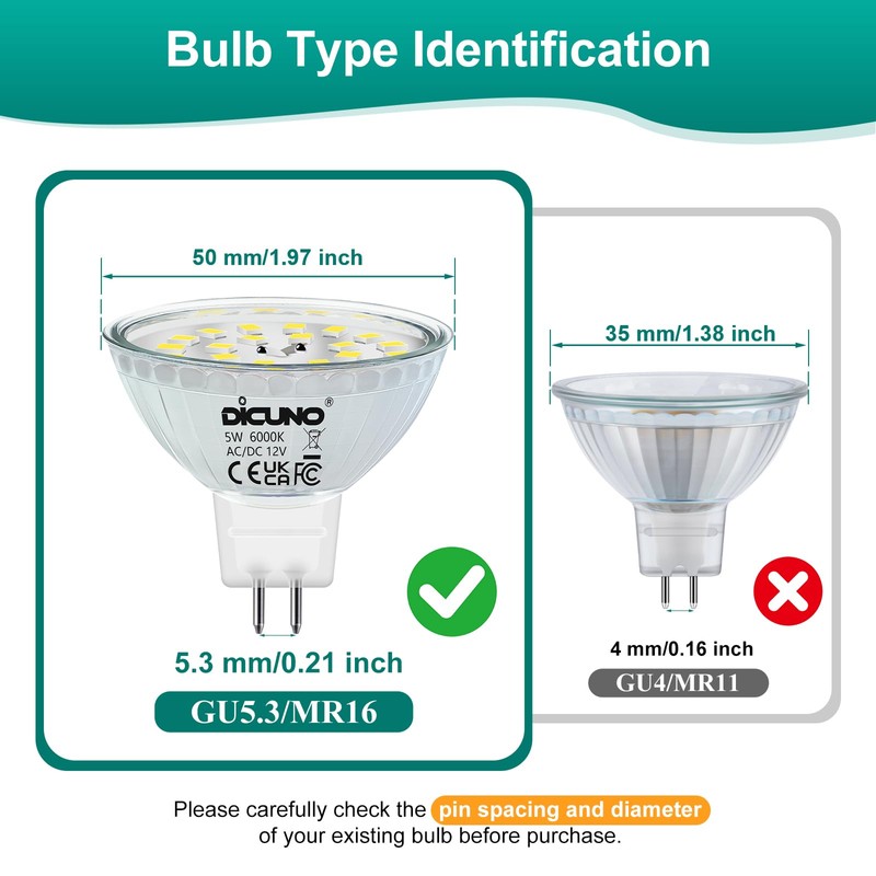 DiCUNO GU5.3 LED Bulb, Non-dimmable 12V MR16 Spotlight Bulb, Daylight