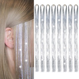 Hair Tinsel 8 Packs 1600 Strands 50 Inch Tinsel Hair Extensions Silver Heat Resistant Glitter Sparkling Shinny Fairy Hair Accessories for Women and Girls(50 Inch,Silver)