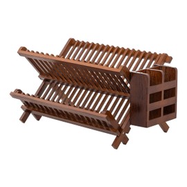 HBlife Dish Rack,Teak Folding 2-Tier Collapsible Drainer Dish Drying Rack with Utensils Flatware Holder Set (Dish Rack with Utensil Holder)