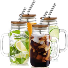 DRASTAR Mason Jar Cups, 24oz Iced Coffee Cups Set of 4, Glass Cups with Lids and Straws, Mason Jars with Handles, Mason Jar Drinking Glasses