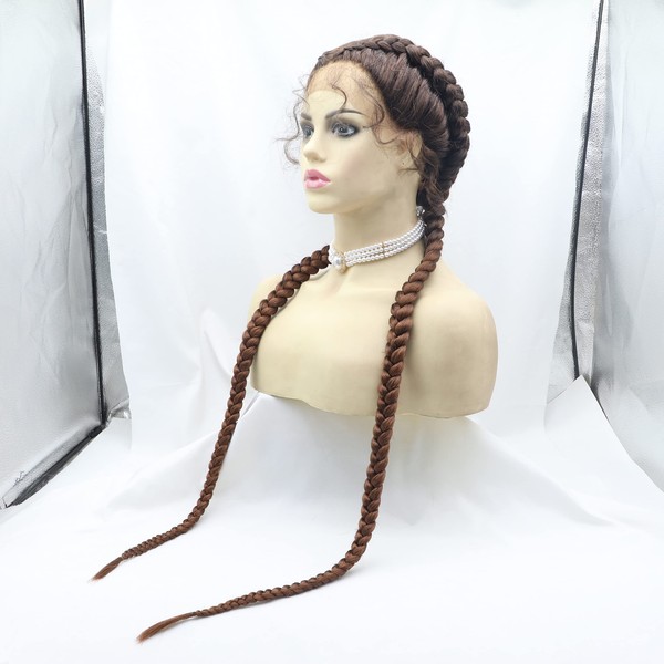 Xiweiya Hand Braided Lace Front Wig Brown Twisted Dutch Braids Super Long 36 Inch Mixed Color for Women