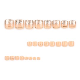 Nude Press on Toenails Square Glitter Fake Toe Nails Short with Gold Lines Design Acrylic Glue on Toenails for Women Girls Full Cover Artificial False Stick on Toe Nail for Daily Wear Wedding 24Pcs