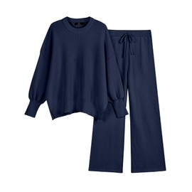 LILLUSORY Lounge Sets For Women 2 Two Piece Outfits 2025 Fall Trendy Matching knit Sweat Suit Oversized Sweaters Wide Leg Pants Sweatsuit Loungewear Cute Travel Fashion Clothes Navy Blue L