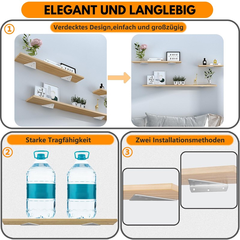 CTCEHL Floating Shelf Brackets, 8 cm Invisible Triangle Wall Brackets,