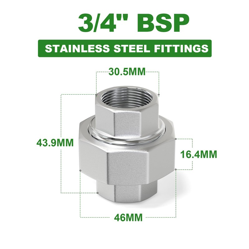 TAISHER 2 PCS 304 Stainless Steel Union，3/4" BSP Female Cast