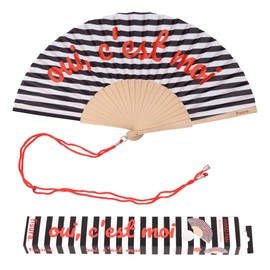 Fisura – Ventaglio in legno a righe con messaggio “oui, c’est moi”. Accessorio alla moda e colorato, ventaglio a mano bianco e nero con pratico gancio. Dimensioni: 42,5 x 23 cm