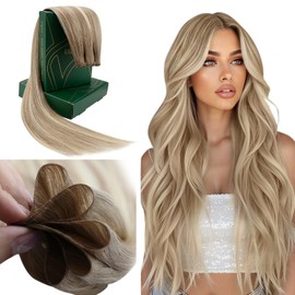 Ugeat Genius Weft Hair Extensions Sew in Light Brown Balayage Invisible Hand Tied Weft Hair Extensions Remy Human Hair Ombre Platinum Blonde Sew in Hair Extension Luster Texture 20 Inch 60g