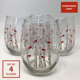 BANBERRY DESIGNS Cardinal Stemless Wine Glasses - Set of 4 - Cardinals Perched on White Birch Trees - All Occasion - Each glass is 4 3/4" H and holds 20 oz