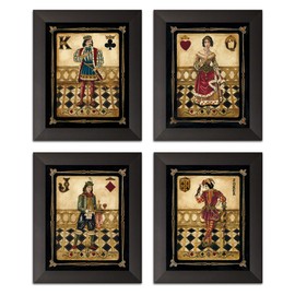 wallsthatspeak 4 Harlequin Playing Card Poker Joker Jack Queen King, 8 x 10 Set of 4; Framed Pieces, Ready to HangBlack/Gold/Red