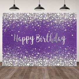 7×5ft Purple Diamonds Happy Birthday Photo Backdrop Glitter Diamonds Silver Happy Birthday Photography Background Girls Birthday Sweet 16 18th 13th 20th 30th Party Banner Decorations Photo Studio Prop