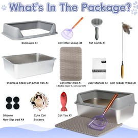 Stainless Steel Cat Litter Box with Lid,Large Litter Box for Large Cats with Side Entry,Kitty Litter Pan High Sided,Anti-Urine Leakage,Easy to Clean,Included Scoop,Litter Mat&Fish Toy,Brush