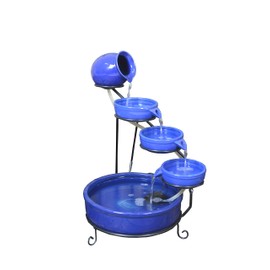 ASC Cascade Ceramic Solar Water Fountain Bowls 5 Tierd with Panel Pump Cascading Garden Decoration Bird Iron Frame (Blue Daytime)