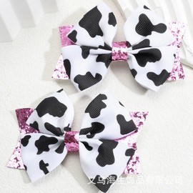 Cute Cow Bow Hair Clips 2Pcs Pink Glitter Headwear Cow Patterned Fabric Bow Hair Accessories with Sparkling Glitter Designs Super Adorable Hair Barrettes for Thin/Thick Hairstyles