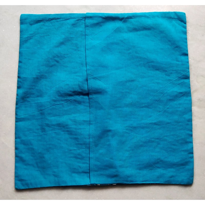 Indian Handmade Cotton Turquoise Kantha Fruit Print Threads Work Cushion