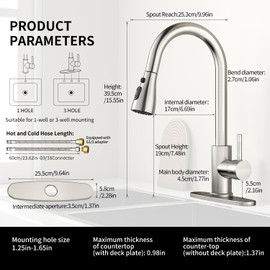 Oersitor Kitchen Faucet with Pull Down Sprayer，Brushed Stainless Steel Single Handle Kitchen Faucet，Multiple Modes Switch Water,1/3 Hole, Deck Plate Included (Wire Drawing)