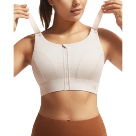 Adjustable High Impact Sports Bras for Women Zip Front Full Coverage and Lift Padded Compression Tops (X-Large, Latte Beige)