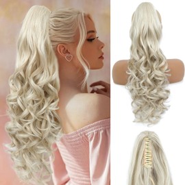 Ponytail Extension, 26 Inch Long Pony tails Hair Extensions for Women Wavy Curly Claw Clip Ponytail Fluffy Natural Fake Pony tail Hair Pieces for Women (Platinum Blonde, 26 Inch)