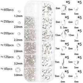 HNUIX Crystal White Nail Rhinestones Kit Flatback Crystal Clear Glass Gems Stones 1450Pcs Nail Art Gems Diamonds Jewels Multi Shapes Sizes Nail Charms Tweezer & Wax Pen for Nails DIY Faces Eyes Makeup