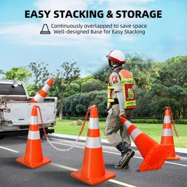 DWVO Orange Traffic Cones 28 inch 10 Pack, with 29.5FT Chain and Reflective Collars, PVC Traffic Safety Cones 28 Inch for Parking Home Road