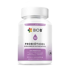 BIO B  Probióticos 50 billones  prebióticos  30 cápsulas veganas                                                                                      