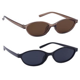 Mikovivi 2pcs Oval Sunglasses for Women, Black Brown Retro Oval Cat Eye Sun Glasses Lightweight Cateye Stylish Summer Accessories for Women
