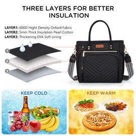 Jomddems Lunch Bag Women,Insulated Lunch Box for Women Men with Shoulder Strap,Portable Reusable Large Adults Cooler Tote Bags for Work Picnic Hiking Beach (Black)