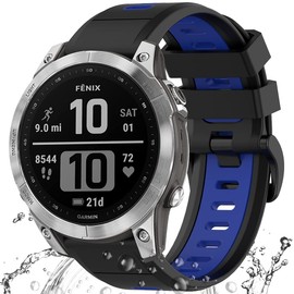 Miimall Compatible for Fenix 7/6/5 Bands, 22mm Width Soft Silicone Sport Waterproof Replacement Strap Band for Fenix 7/7 Solar/7 Sapphire Solar/6/5/Instinct Women Man(Black+Blue)