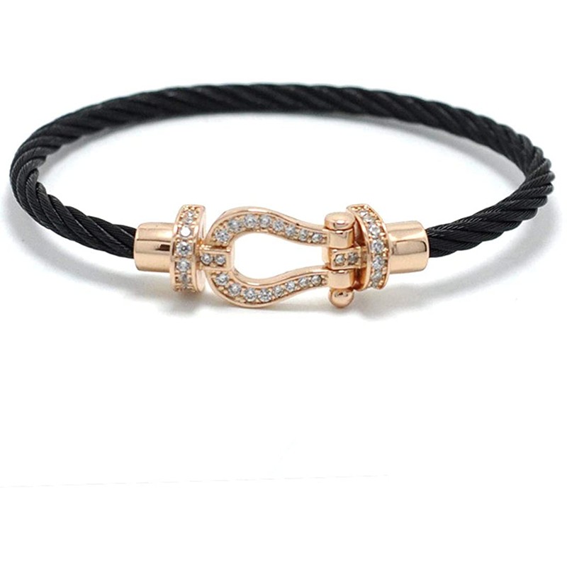 Deelfel Men's Women's Horseshoe Bracelet, Black, Silver, Stainless Steel, Zirconia,